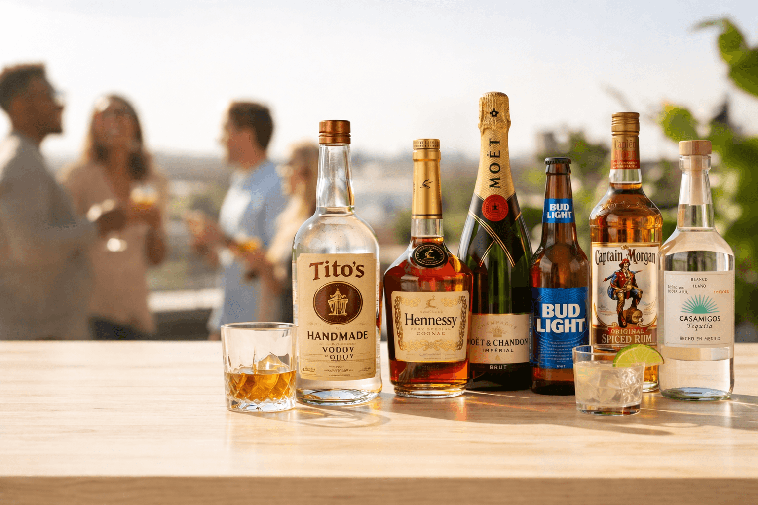 A lineup of liquor, wine, and beer bottles styled for the Longmont Liquors storefront hero